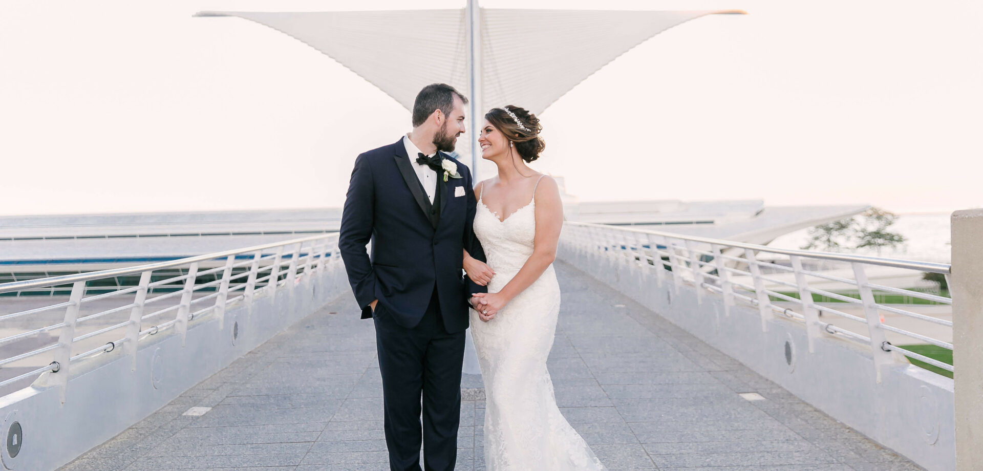 beautiful Milwaukee wedding couple on dock